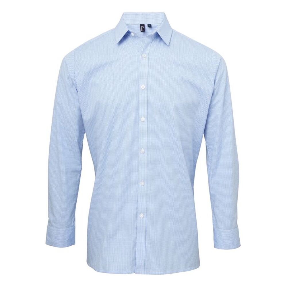 Premier Mens Microcheck Long Sleeve Shirt / Light Blue/White